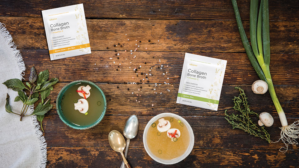 Collagen Bone Broth in bowls on a wood background