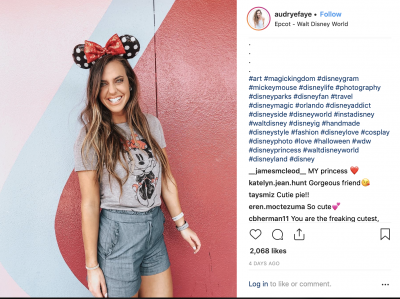 An Instagram post of Audrye on vacation at a theme park