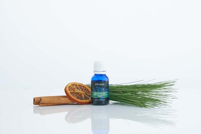 A bottle of Isagenix SeasonsJoy Essential Oil Blend