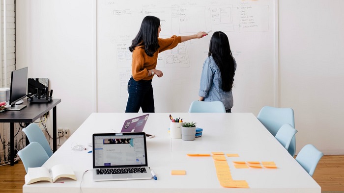 Women reviewing their work on a whiteboard