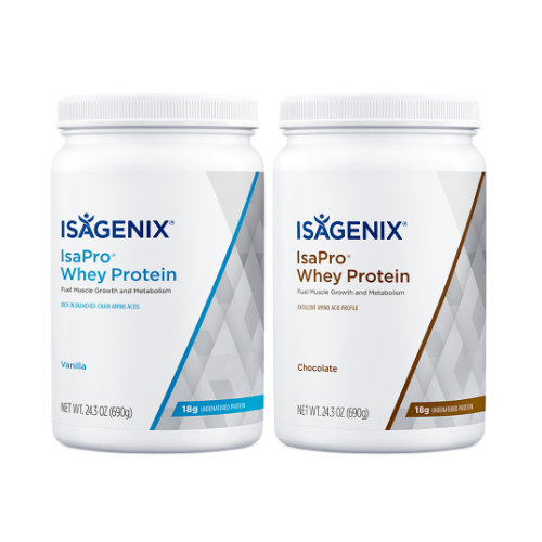 Vanilla and Chocolate IsaPro Whey Protein canisters