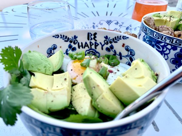 Large chunks of avocado in an egg protein bowl