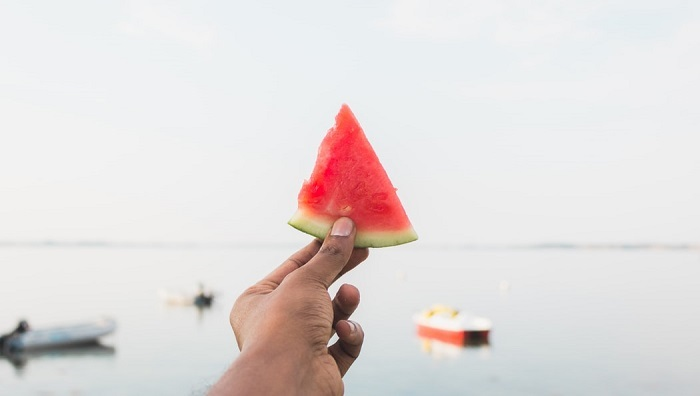 Female hand holding watermelon slice